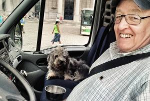 Lion van driver Ian Dalryrmple takes over the Antwerp  beer run accompanied by his faithful canine friend Hamish.