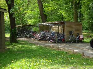 Extra bicycles stack up temporarily on a shed outside